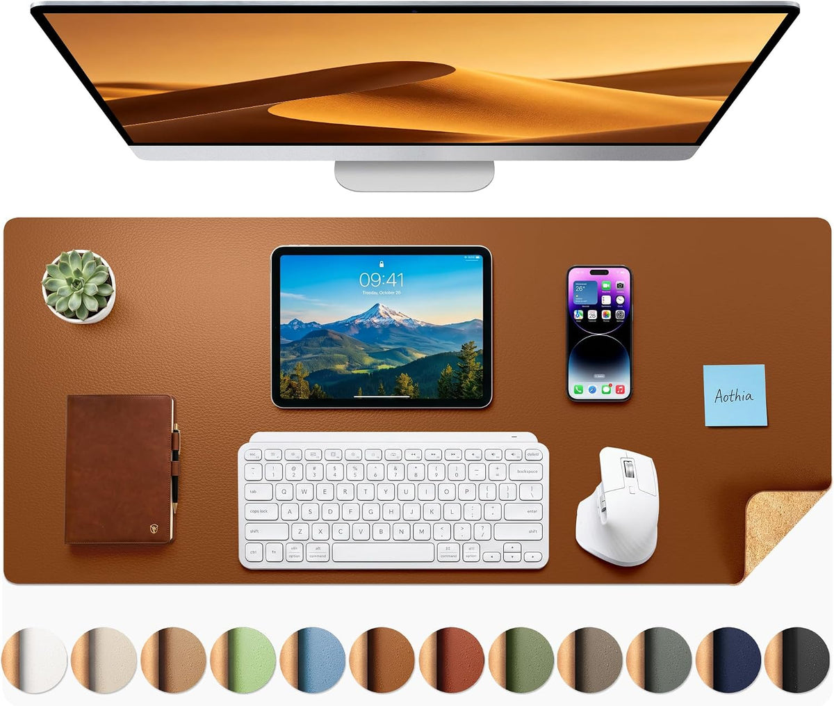 Aothia Double-Sided Desk Pad, 35.4" x 15.7"Leather Desk Mat, Eco Cork Desk Pad Protector,Large Mouse Pad,Waterproof Desk Blotter for Office/Home(Brown)