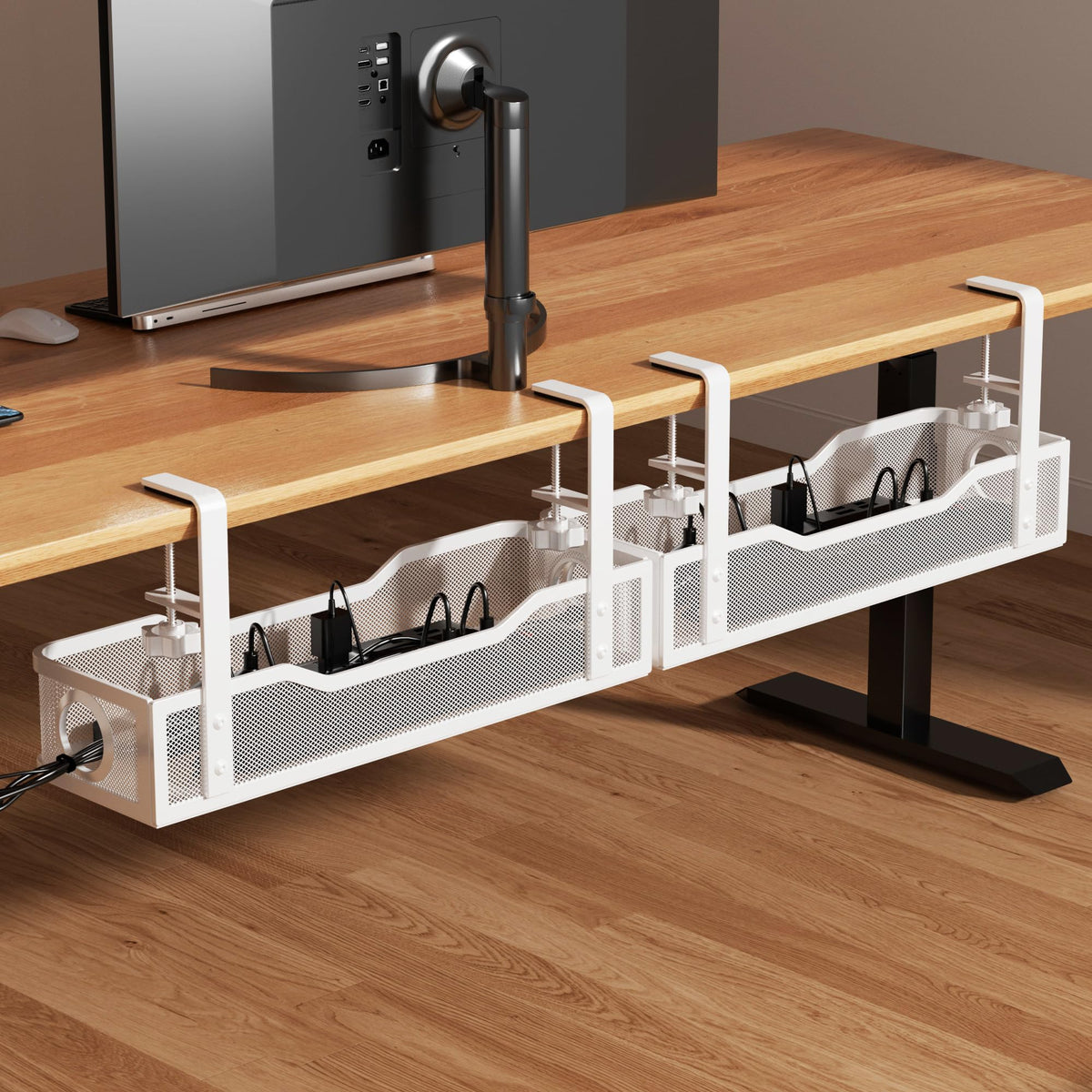 Under Desk Cable Management Tray White, Cinati Wire Organizers No Drill, Cable Tray with Clamp for Wire Management, Cord Organization Box for Office, Home - No Damage to Desk