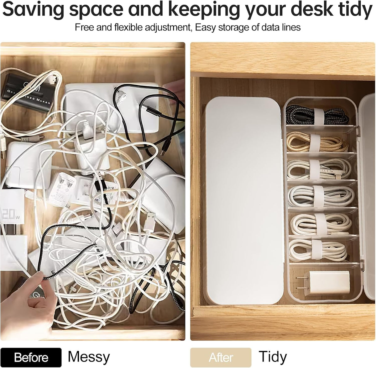 PAVSTINE Cable Organizer Storage Box with Lid, 7 Wire Ties, White