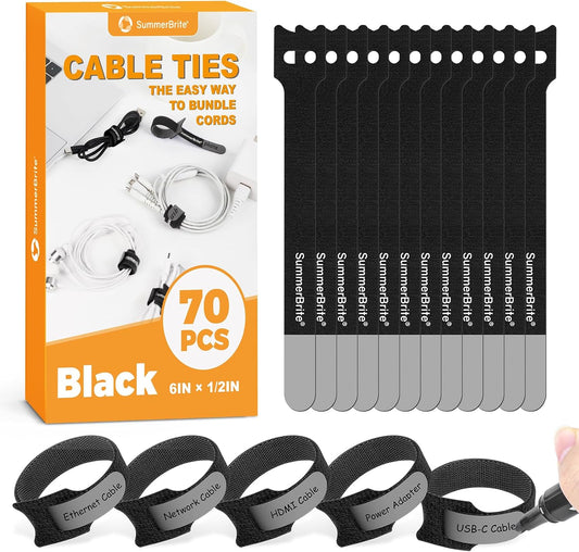 Cable Ties with Writable Labels, Wire Management, Black, 70 PCS, 6 IN