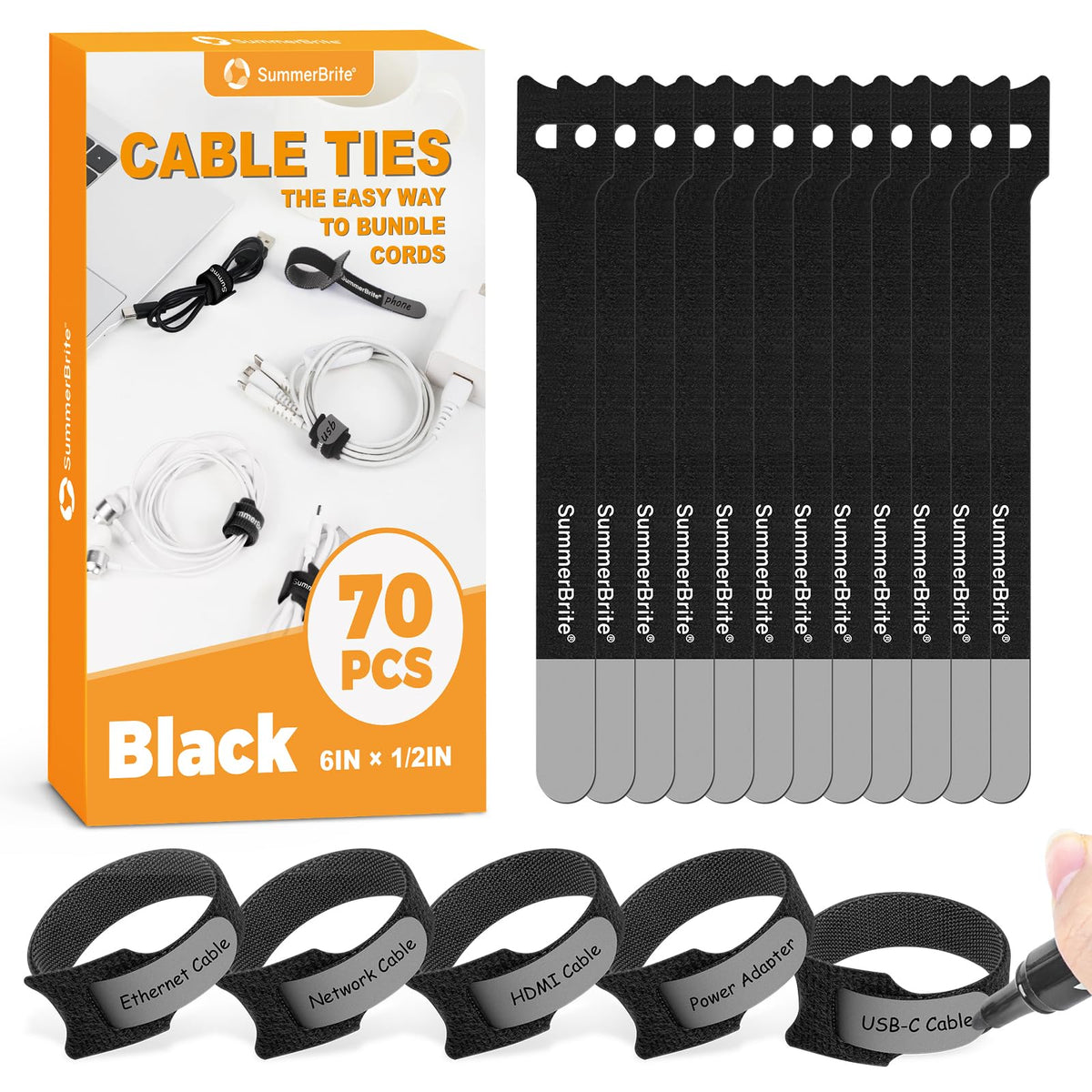 Cable Ties with Writable Labels, Wire Management, Black, 70 PCS, 6 IN