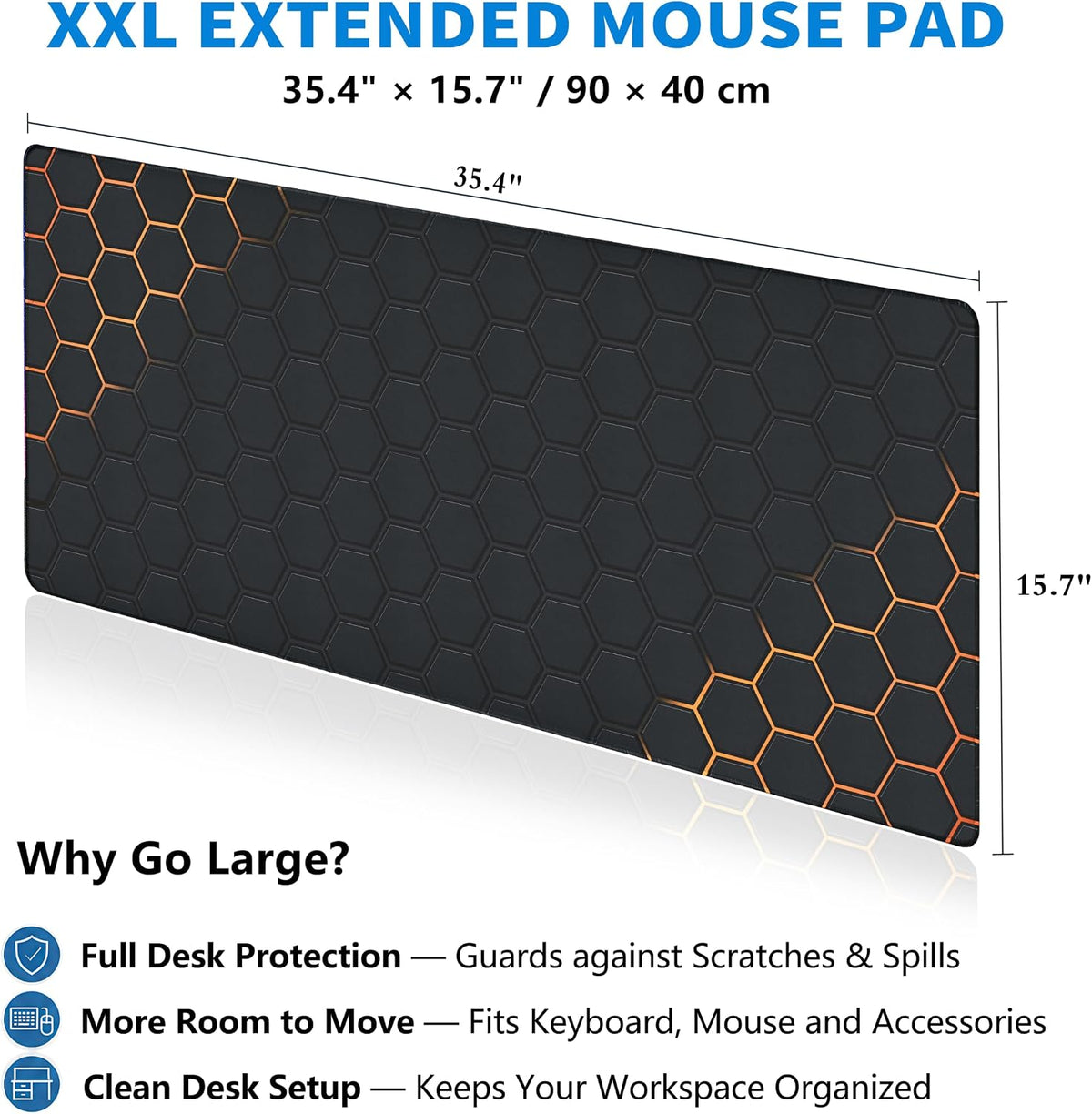 Extended Honeycomb Desk Mat, XXL Large Gaming Mouse Pad, Gold Glowing Pattern Stitched Edges Waterproof Non-Slip Rubber Base for Computer Keyboard Laptop Work Home Office 35.4"x15.7"