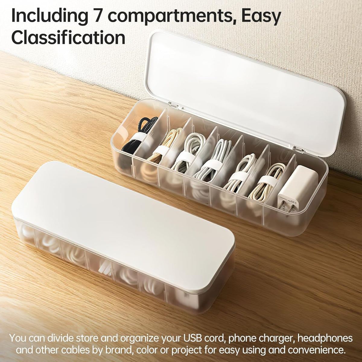 PAVSTINE Cable Organizer Storage Box with Lid, 7 Wire Ties, White