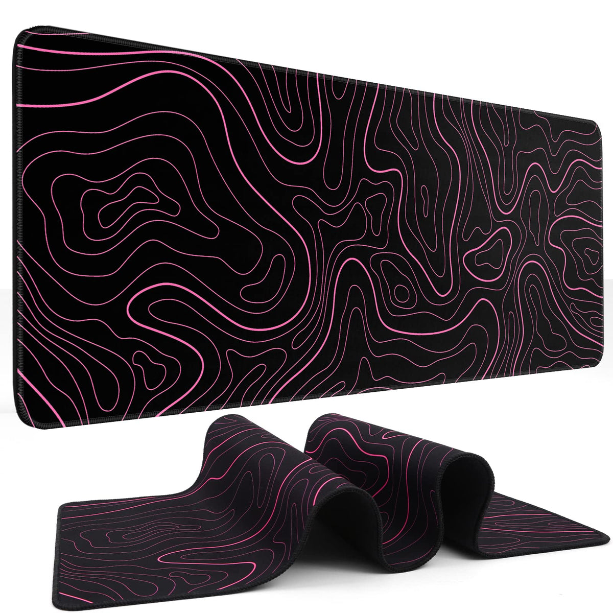 DIGSOM Gaming Mouse Pad, Black with White Topographic Line, 31.5x11.8in