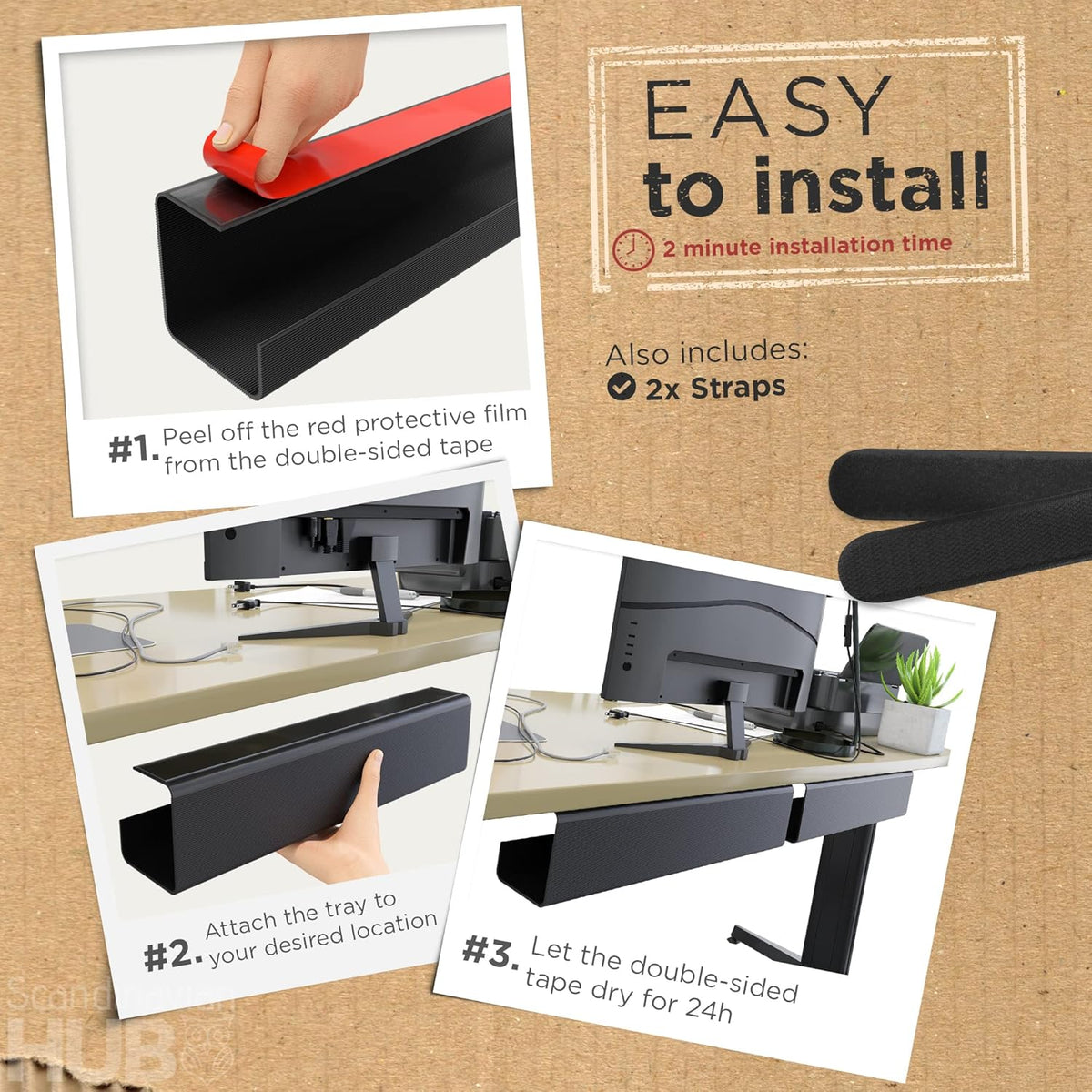 Scanfield Under Desk Cable Management Tray, No-Screw, 17-Inch, 2-Pack Black