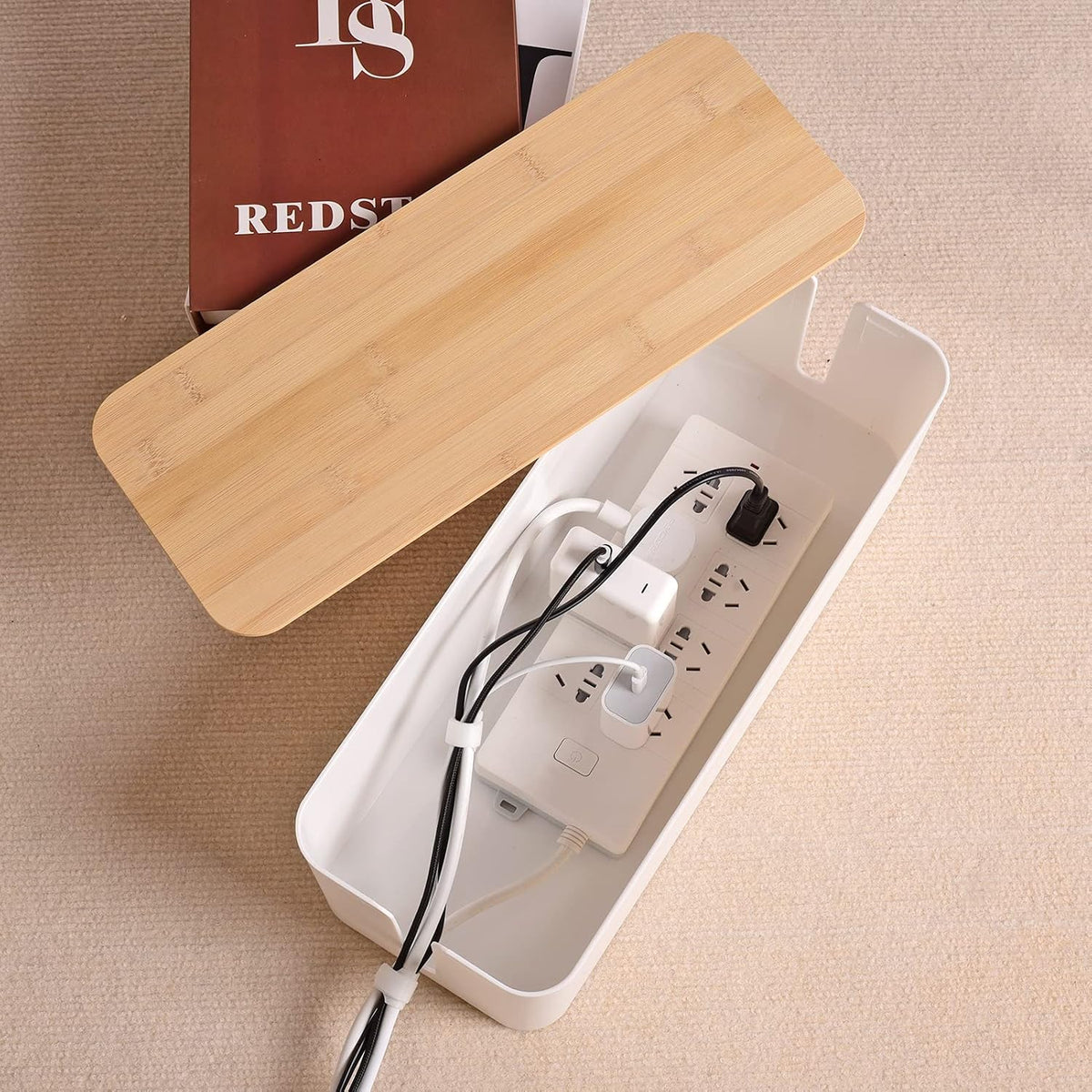 Tuwechen Cable Management Box, Wooden Style Large Cord Organizer Box
