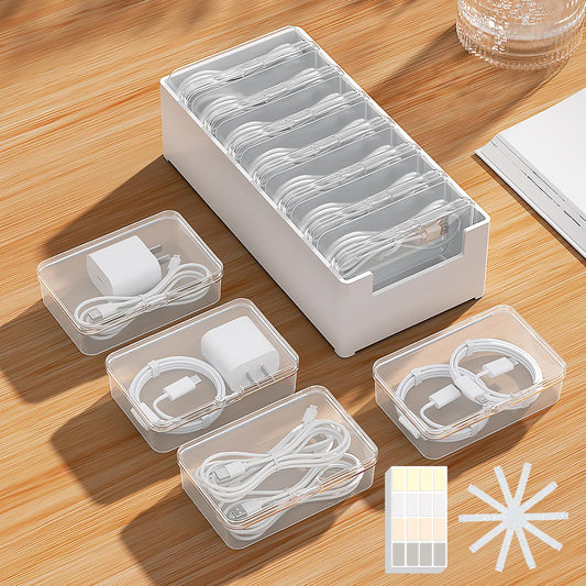 7 Case Cable Storage Box with Cable Straps and Label Stickers, Travel Cord Organizer for Charging Cables, USB Wires, Earphones – Drawer Organization for Home & Office (1 Pack)