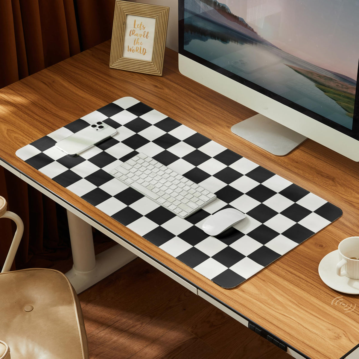 Ohocut Checkered Desk Mat, 31.5" x 15.7" Large Cute Beige Khaki Aesthetic Retro Accessories, PU Leather Computer Laptop Desk Mat Mouse Keyboard Pad, Desk Writing Makeup Mat for Vanity/Work/Home Decor