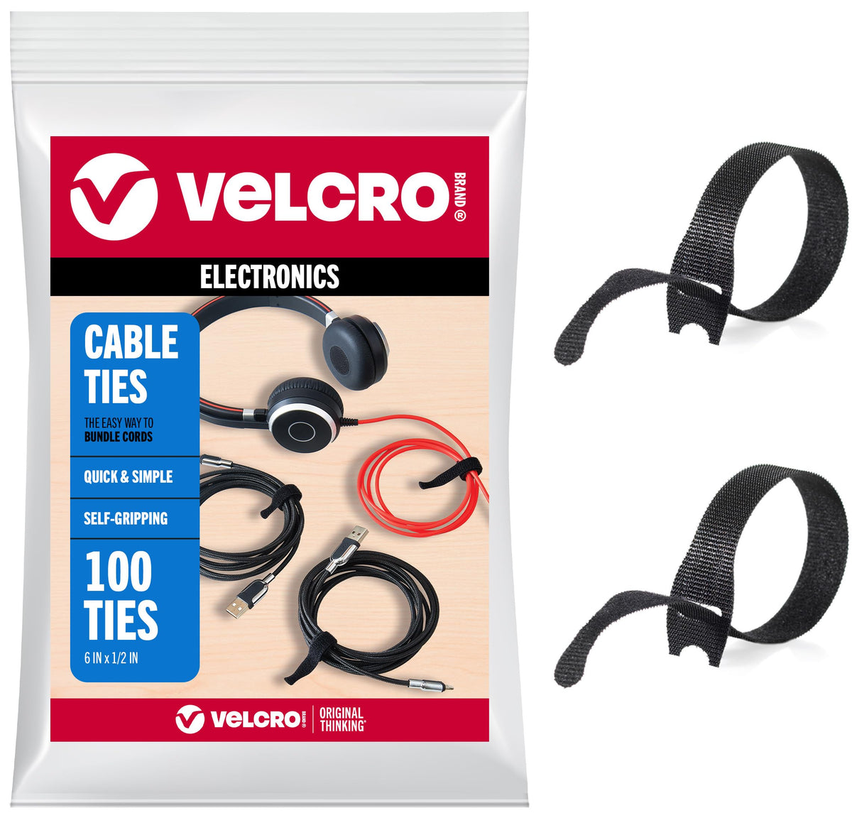 VELCRO Brand Reusable Cable Ties, Cord Management, 8in, Black, 150 Pack