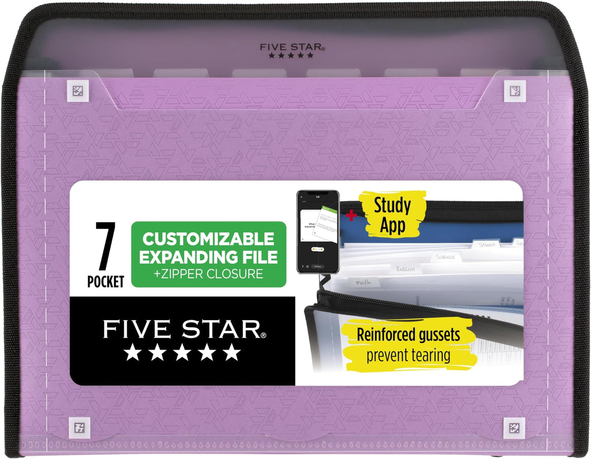 Five Star Expanding File Organizer + Study App, 7-Pocket Accordian File Organizer, Zipper Closure, Holds 8-1/2" x 11" Paper, Black (72709)