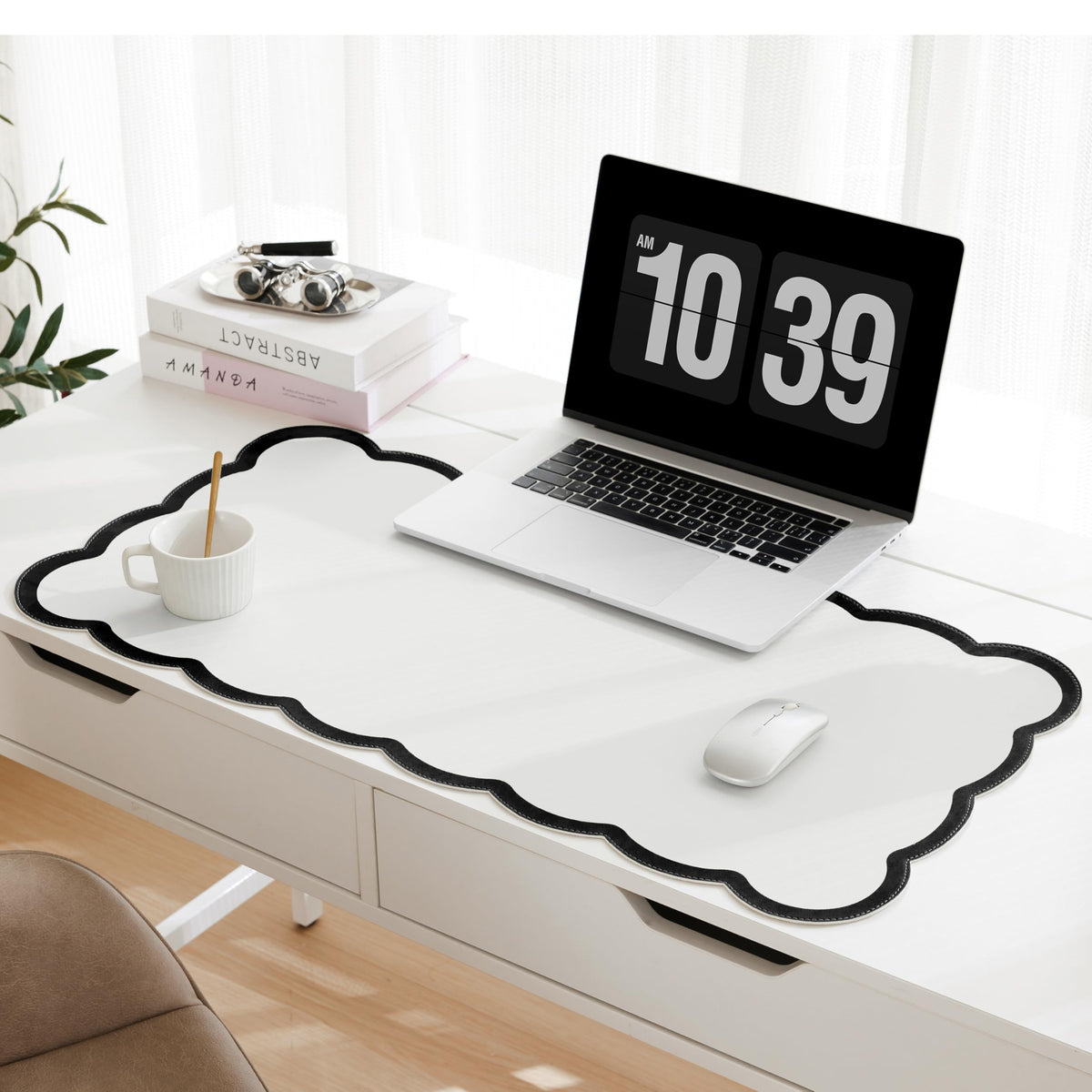 Scalloped Desk Mat, 31.5" x 15.7" Large Cute Aesthetic Desk Accessories, PU Leather Computer Laptop Desk Mouse Keyboard Pad, Desk Writing Mat for Vanity/Work/Home Decor (Beige, 31.5" x 15.7")