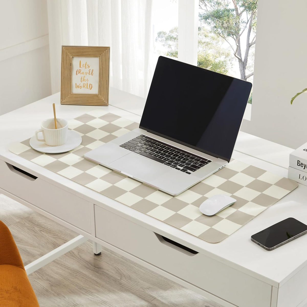 Ohocut Checkered Desk Mat, 31.5" x 15.7" Large Cute Beige Khaki Aesthetic Retro Accessories, PU Leather Computer Laptop Desk Mat Mouse Keyboard Pad, Desk Writing Makeup Mat for Vanity/Work/Home Decor