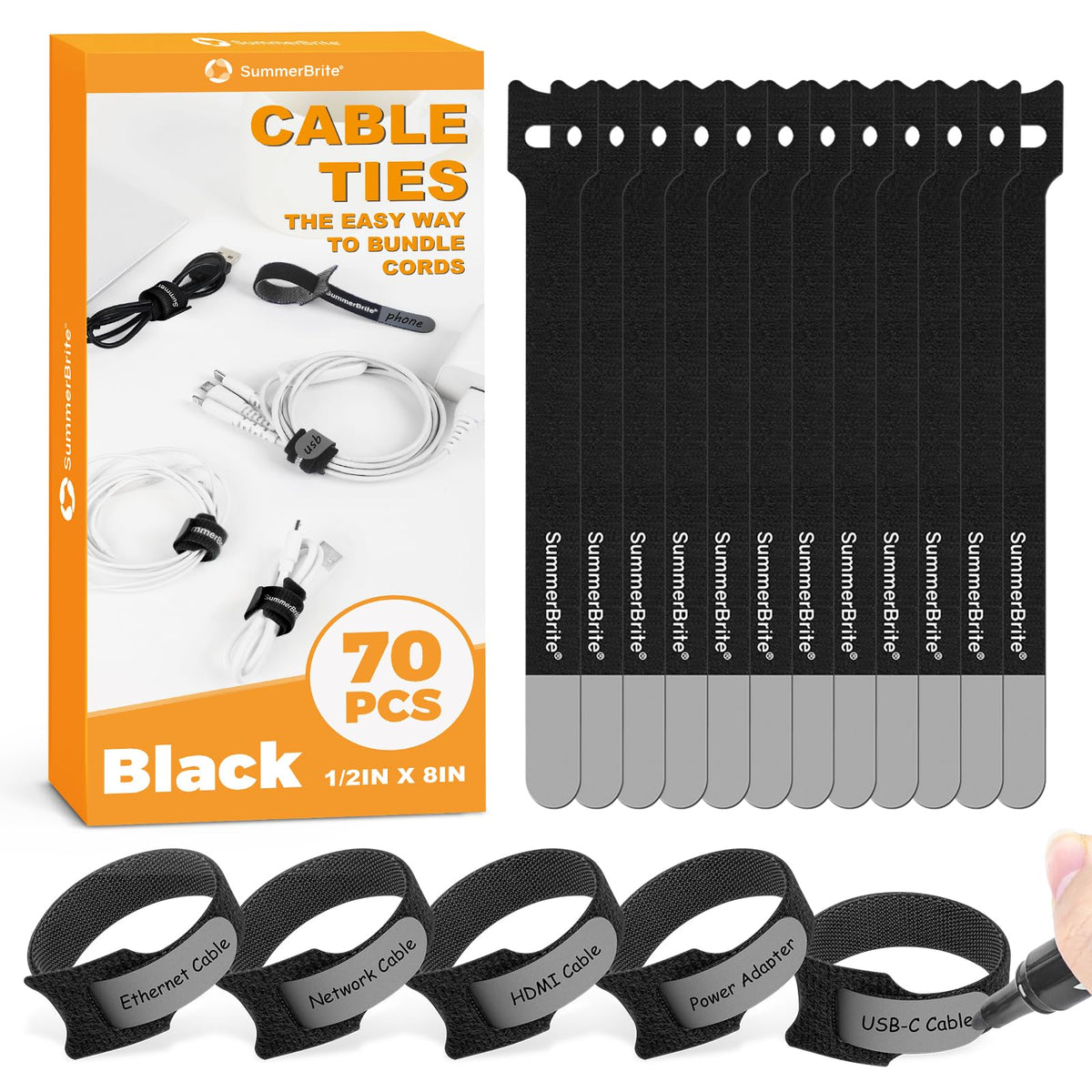 Cable Ties with Writable Labels, Wire Management, Black, 70 PCS, 6 IN