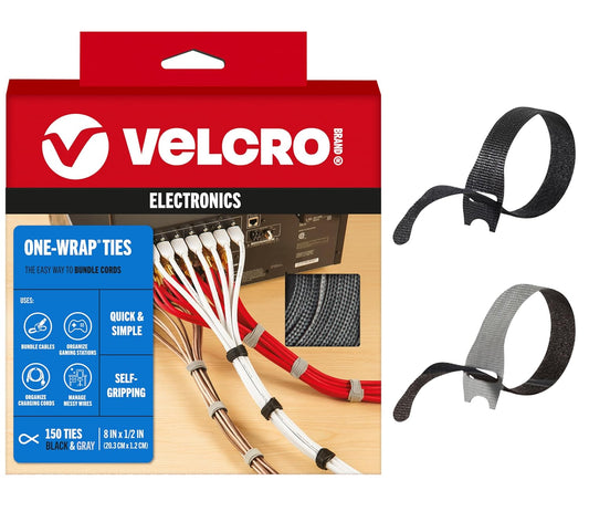VELCRO Brand Reusable Cable Ties, Cord Management, 8in, Black, 150 Pack