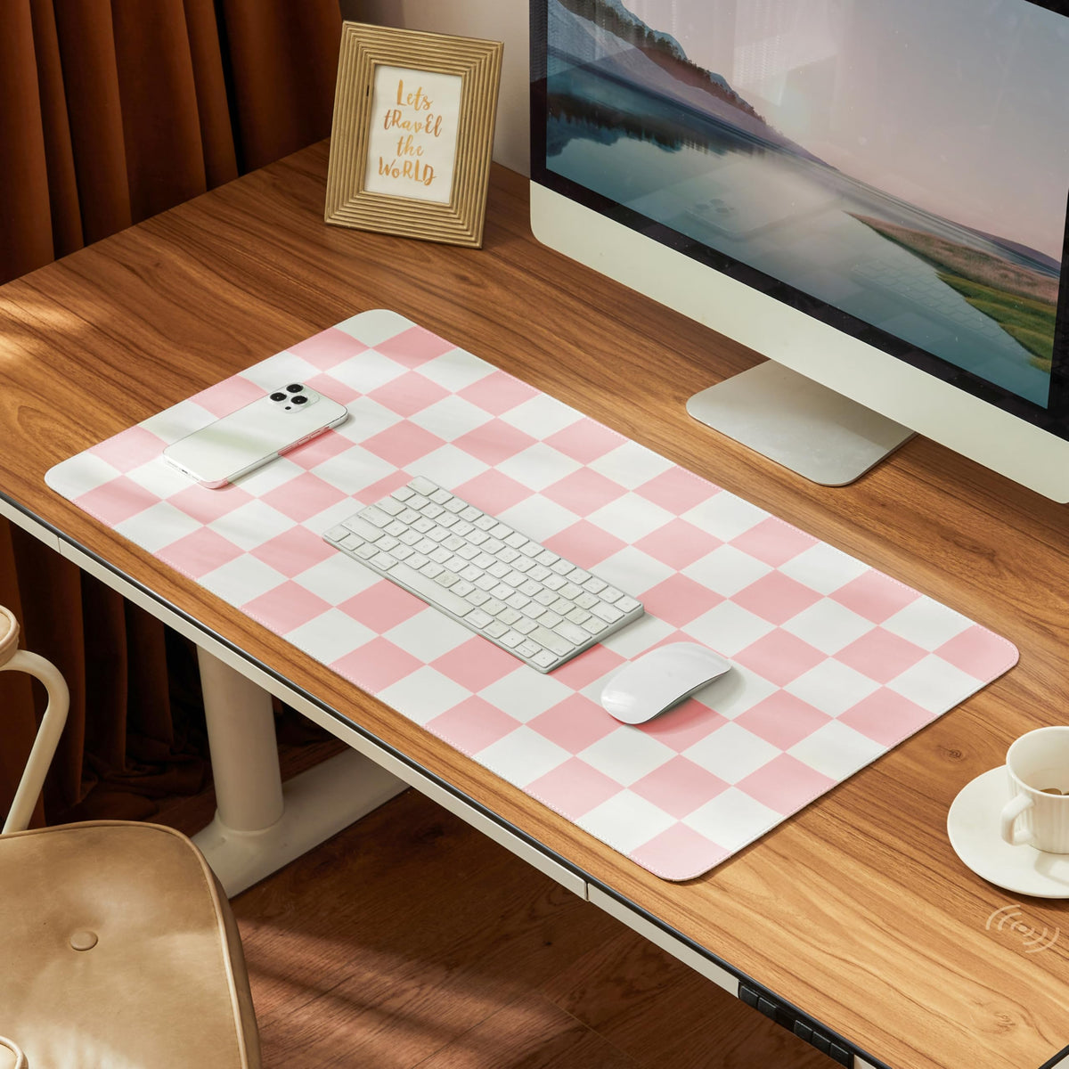 Ohocut Checkered Desk Mat, 31.5" x 15.7" Large Cute Beige Khaki Aesthetic Retro Accessories, PU Leather Computer Laptop Desk Mat Mouse Keyboard Pad, Desk Writing Makeup Mat for Vanity/Work/Home Decor