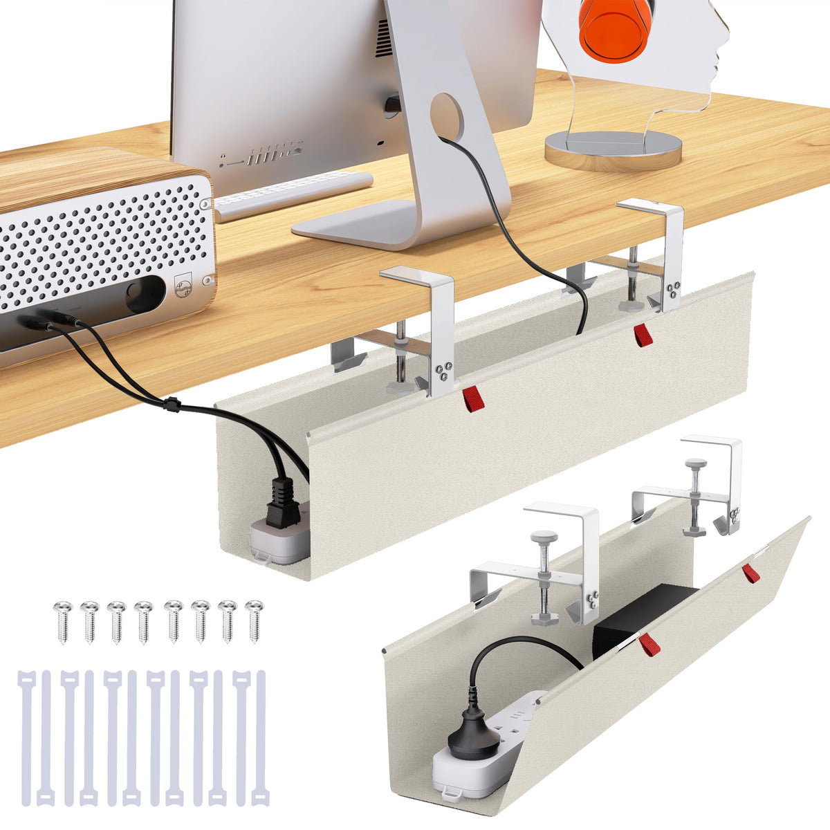 Under Desk Cable Management Tray - Under Desk Cord Management - Clamp/Screw Mount - Fabric Wire Management - Cable Raceways Tray Cord Hiders for Office/Home (Black, 35.8"×5.6")