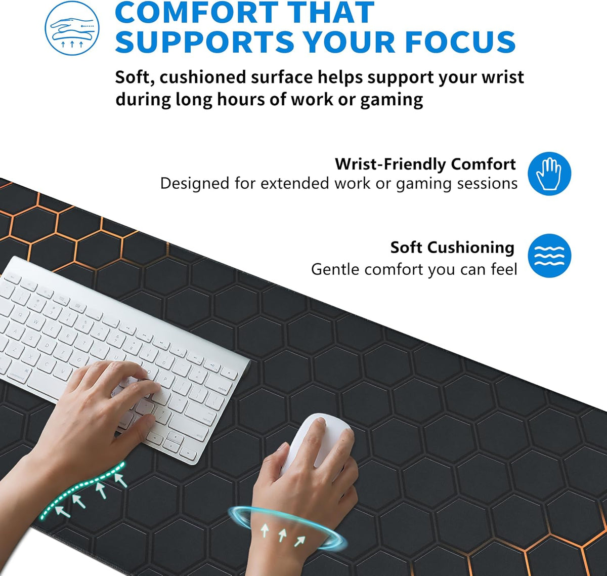 Extended Honeycomb Desk Mat, XXL Large Gaming Mouse Pad, Gold Glowing Pattern Stitched Edges Waterproof Non-Slip Rubber Base for Computer Keyboard Laptop Work Home Office 35.4"x15.7"