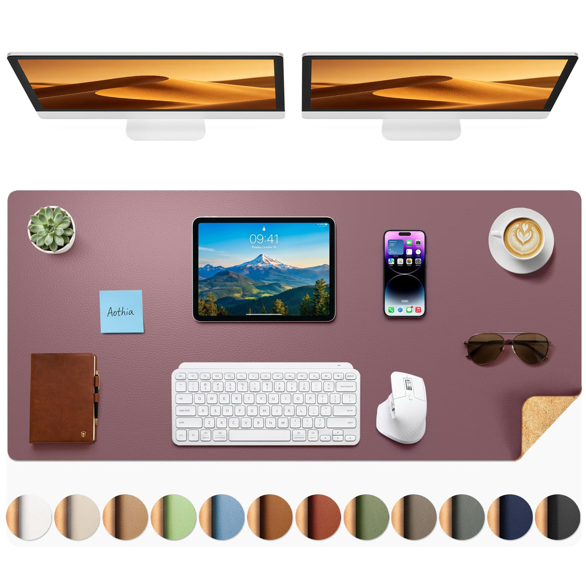 Aothia Double-Sided Desk Pad, 35.4" x 15.7"Leather Desk Mat, Eco Cork Desk Pad Protector,Large Mouse Pad,Waterproof Desk Blotter for Office/Home(Brown)