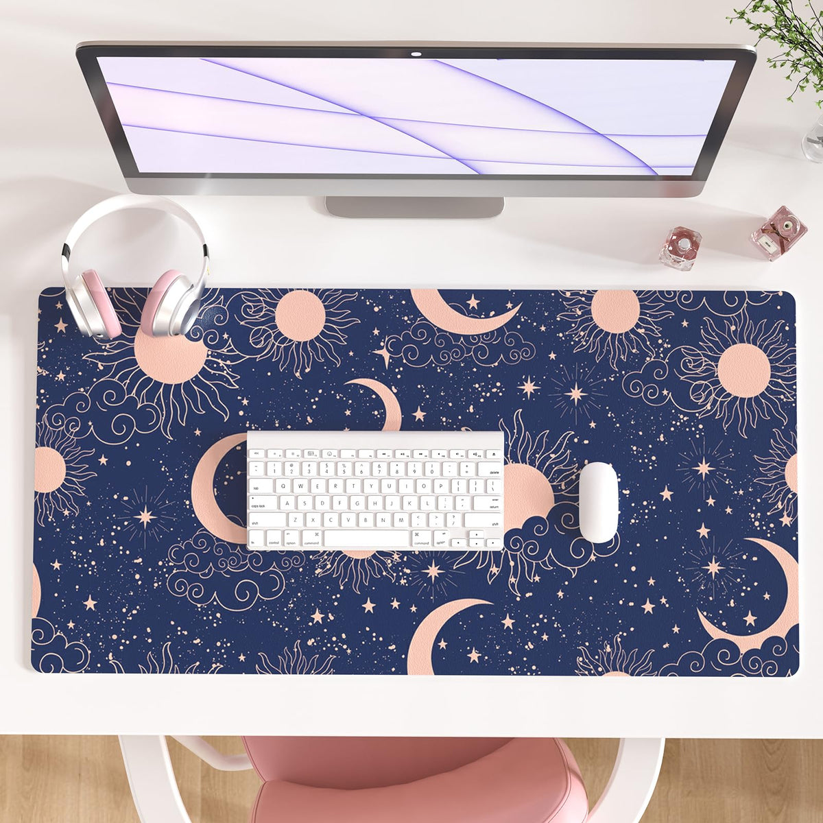 Faux Leather Large Mouse Pad, Office Desk Mat, 31.5"x15.7", Pink Floral