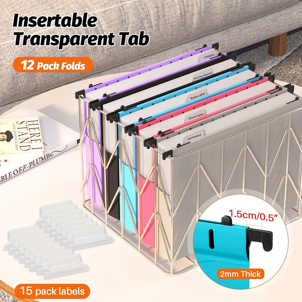 SHUTEX Extra Capacity Plastic Hanging File Folders,12 Pack,Letter, 6 Colors