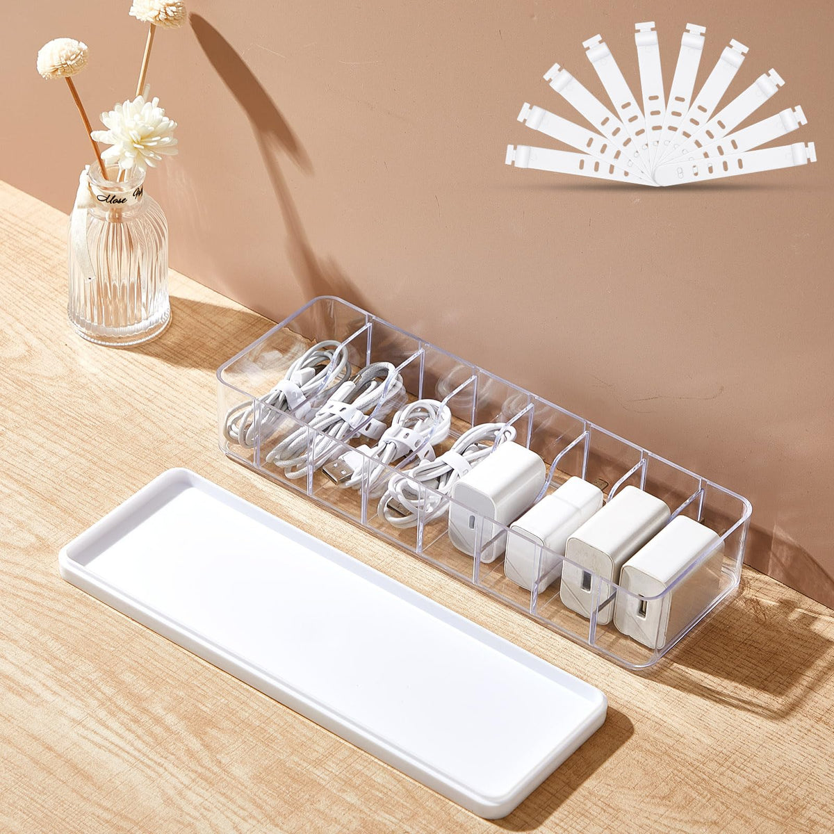Tatuo Cord Organizer Box with Lid, Clear, 2 Pack