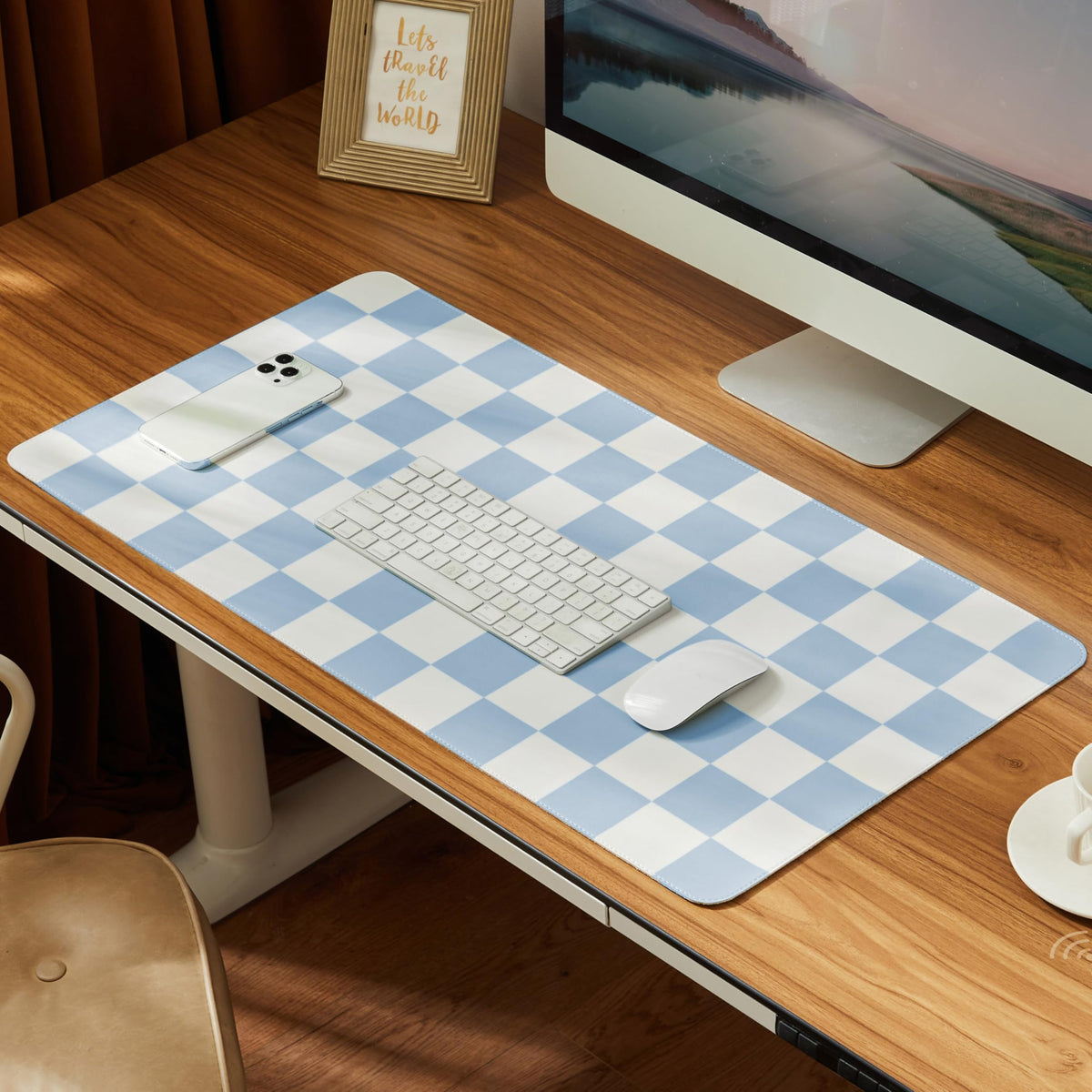 Ohocut Checkered Desk Mat, 31.5" x 15.7" Large Cute Beige Khaki Aesthetic Retro Accessories, PU Leather Computer Laptop Desk Mat Mouse Keyboard Pad, Desk Writing Makeup Mat for Vanity/Work/Home Decor