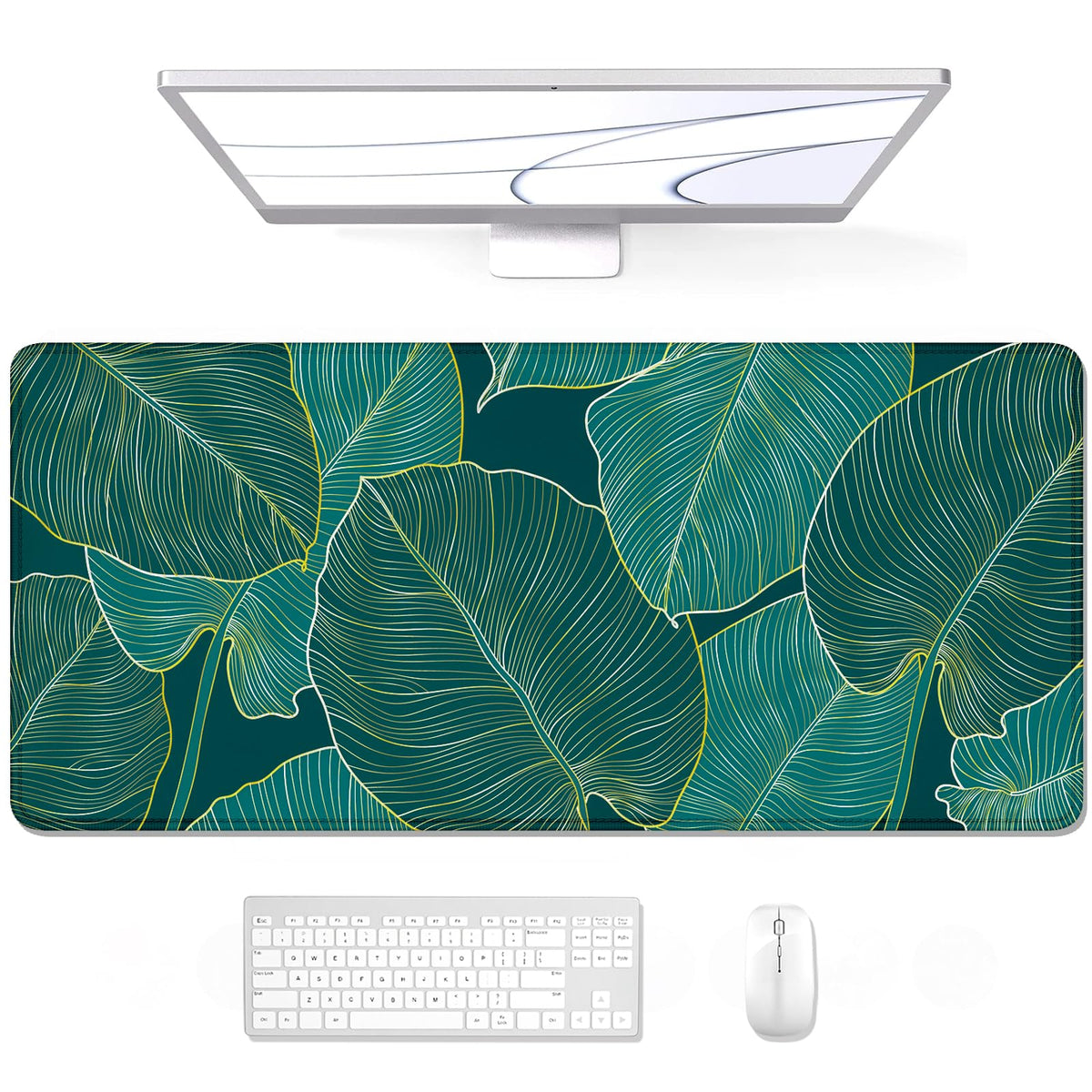 Desk Mat, Ultra Large Mouse Pad, XXL Gaming Mousepad, Green Tropical Leaves Deskpad, Big Extended Full Size Mouse Pad, Desktop Desk Matt for Keyboard, Laptop & Computer, 35.5 x 15.7 in