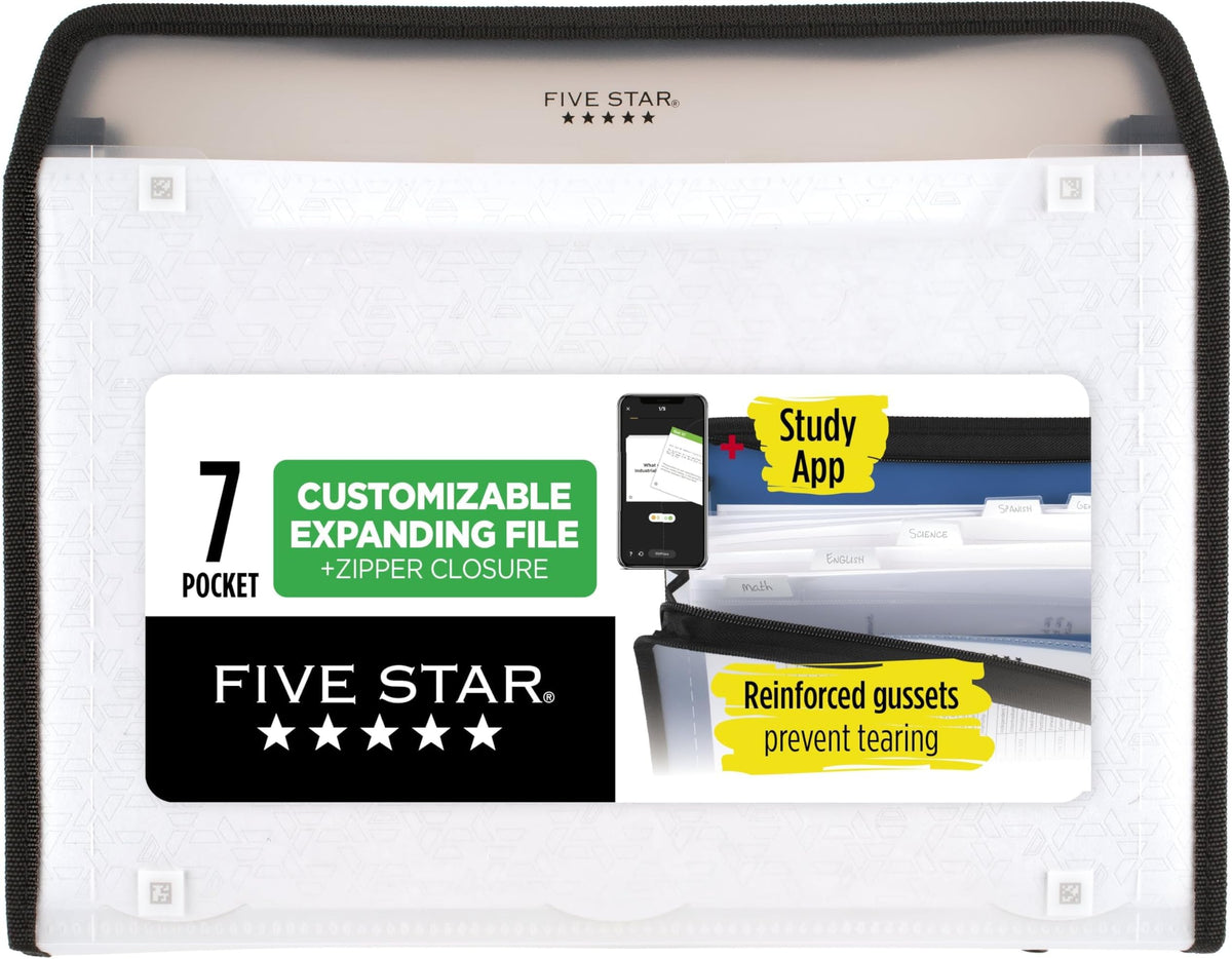 Five Star Expanding File Organizer + Study App, 7-Pocket Accordian File Organizer, Zipper Closure, Holds 8-1/2" x 11" Paper, Black (72709)