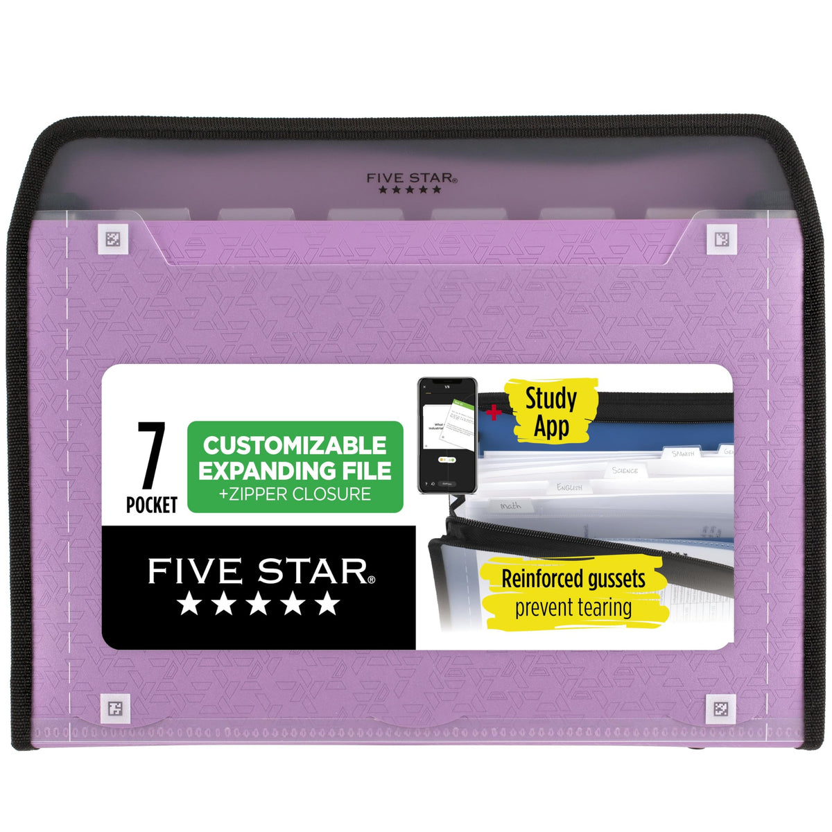 Five Star Expanding File Organizer + Study App, 7-Pocket Accordian File Organizer, Zipper Closure, Holds 8-1/2" x 11" Paper, Black (72709)
