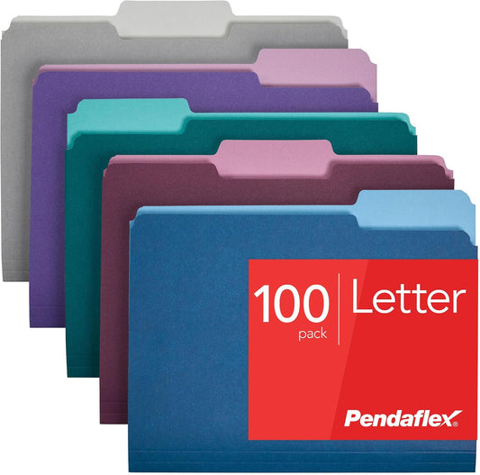 Pendaflex Two Tone Color File Folders, Letter Size, Assorted Colors (Teal, Violet, Gray, Navy and Burgundy), 1/3-Cut Tabs, 5 Color, 100/Box, (02315)