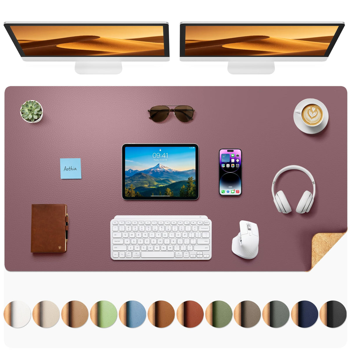 Aothia Double-Sided Desk Pad, 35.4" x 15.7"Leather Desk Mat, Eco Cork Desk Pad Protector,Large Mouse Pad,Waterproof Desk Blotter for Office/Home(Brown)