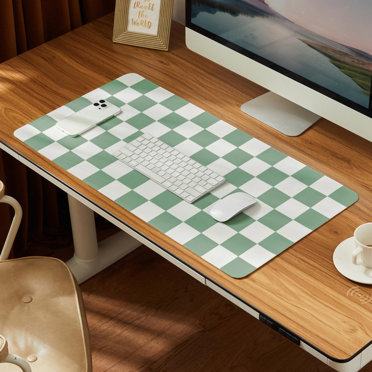 Ohocut Checkered Desk Mat, 31.5" x 15.7" Large Cute Beige Khaki Aesthetic Retro Accessories, PU Leather Computer Laptop Desk Mat Mouse Keyboard Pad, Desk Writing Makeup Mat for Vanity/Work/Home Decor