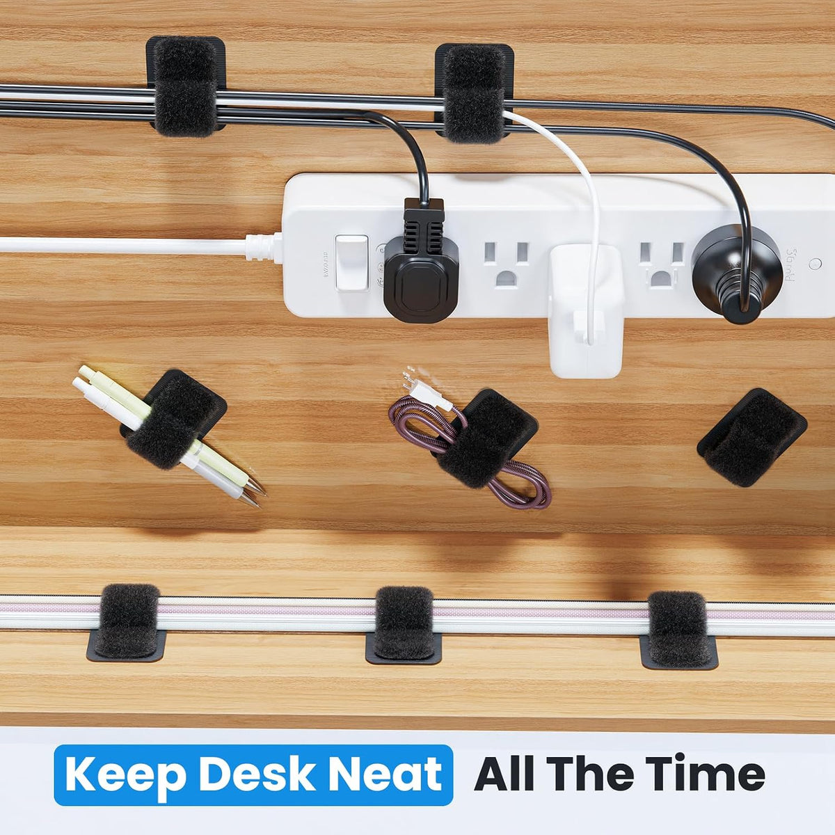 Cable Management Under Desk, Enhanced up to 15 Cord Organizer 20 Pair-Black
