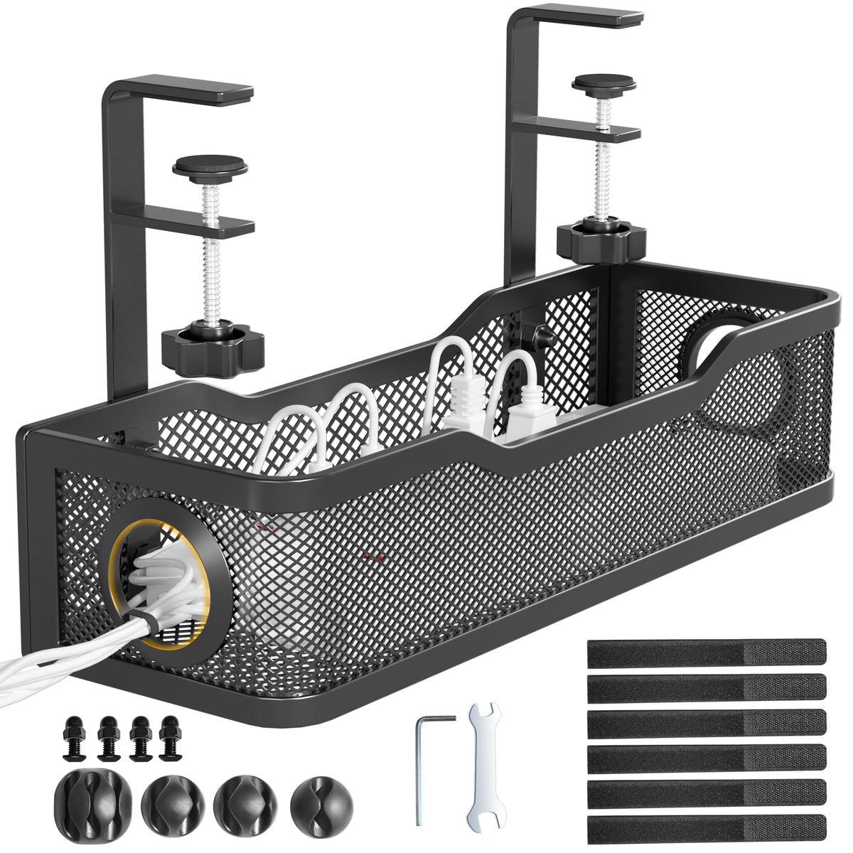 Under Desk Cable Management Tray White, Cinati Wire Organizers No Drill, Cable Tray with Clamp for Wire Management, Cord Organization Box for Office, Home - No Damage to Desk