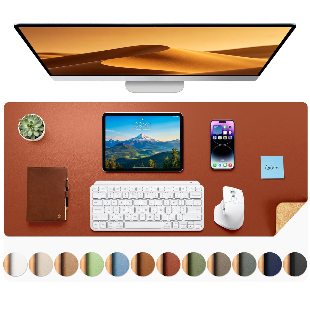 Aothia Double-Sided Desk Pad, 35.4" x 15.7"Leather Desk Mat, Eco Cork Desk Pad Protector,Large Mouse Pad,Waterproof Desk Blotter for Office/Home(Brown)