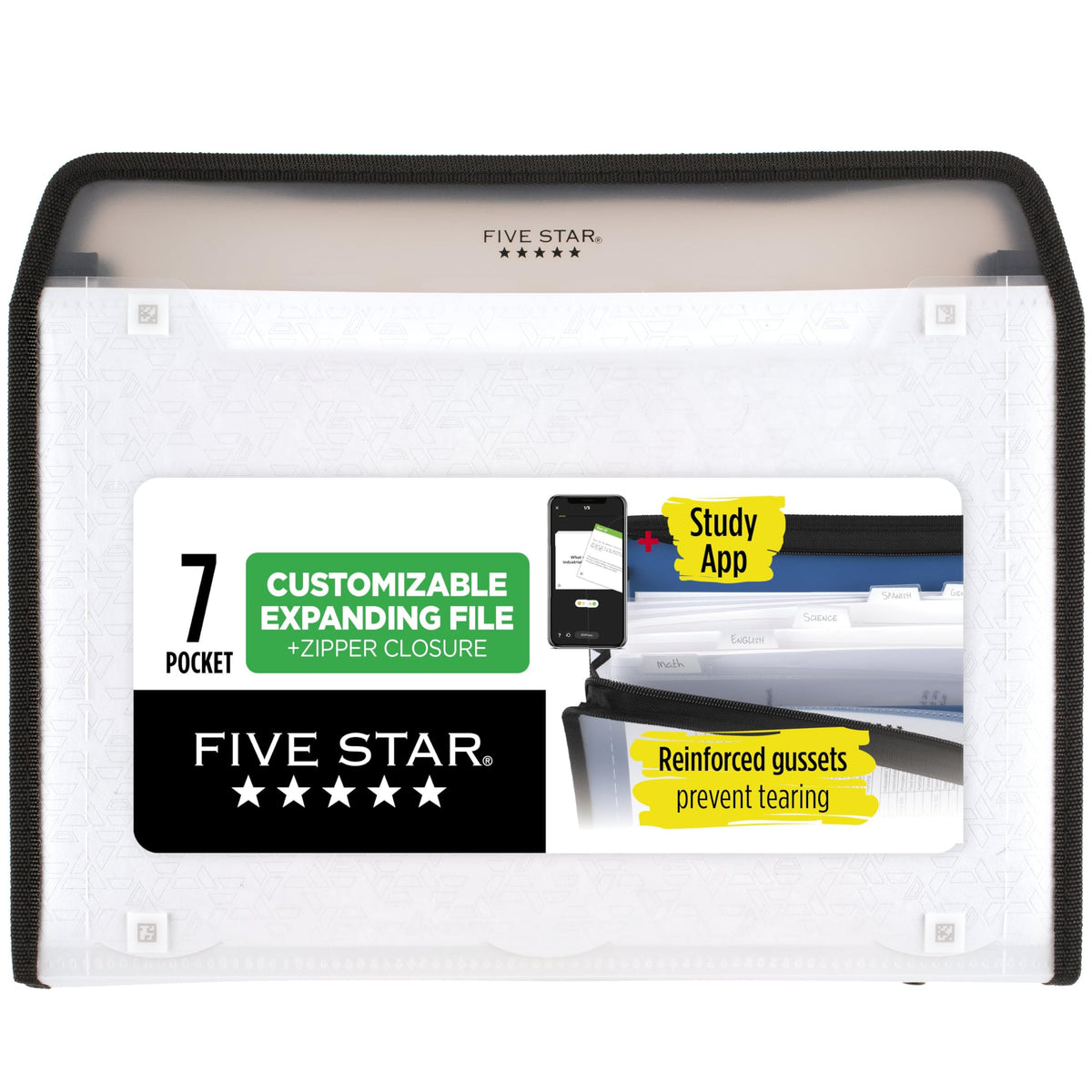 Five Star Expanding File Organizer + Study App, 7-Pocket Accordian File Organizer, Zipper Closure, Holds 8-1/2" x 11" Paper, Black (72709)