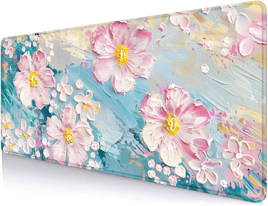Large Mouse Pad Mousepad, Pink Flowers in a Blue Desk Mats for Desktop, Watercolor Beautiful Floral Laptop Computer Desk Pad, Non-Slip Rubber Base Desktop Mat, 31.5 x 11.8 inches