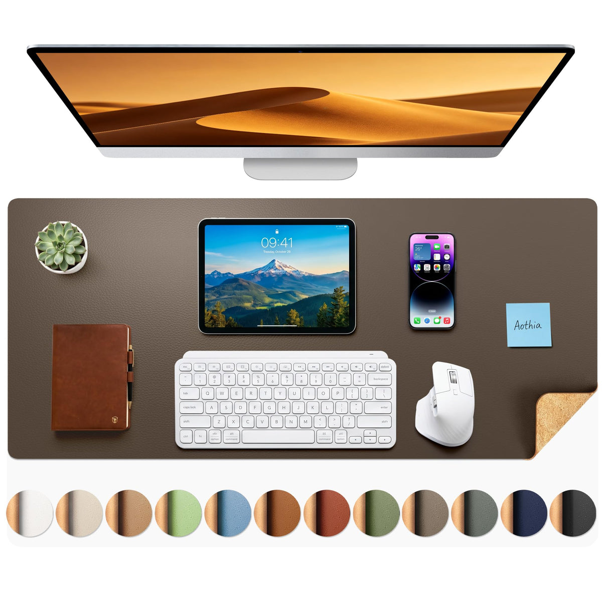 Aothia Double-Sided Desk Pad, 35.4" x 15.7"Leather Desk Mat, Eco Cork Desk Pad Protector,Large Mouse Pad,Waterproof Desk Blotter for Office/Home(Brown)