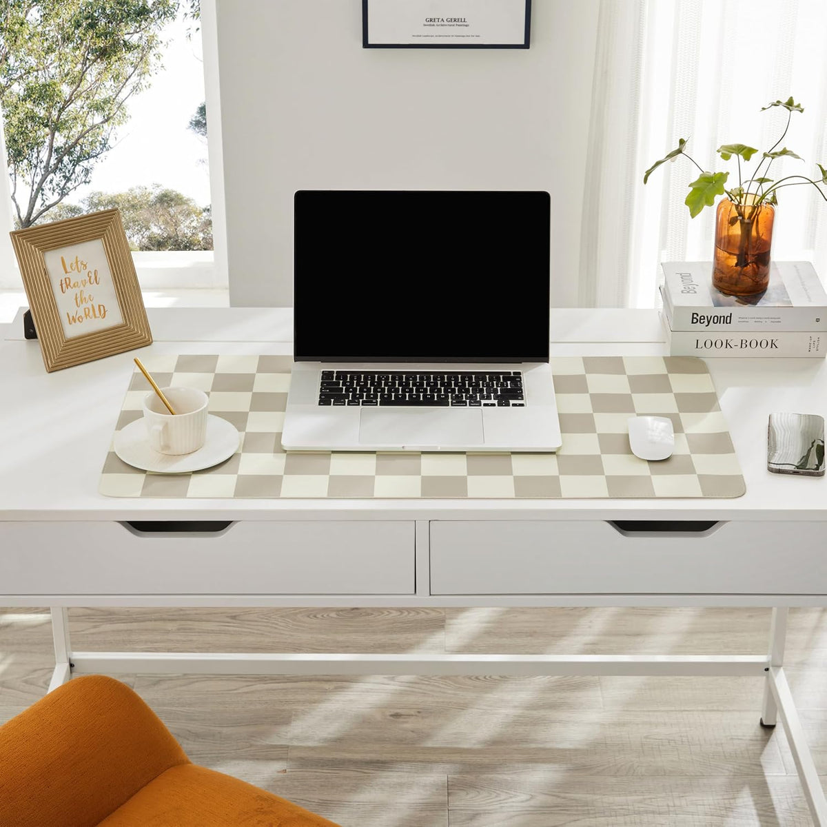 Ohocut Checkered Desk Mat, 31.5" x 15.7" Large Cute Beige Khaki Aesthetic Retro Accessories, PU Leather Computer Laptop Desk Mat Mouse Keyboard Pad, Desk Writing Makeup Mat for Vanity/Work/Home Decor