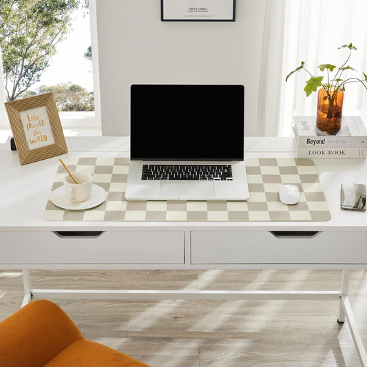 Ohocut Checkered Desk Mat, 31.5" x 15.7" Large Cute Beige Khaki Aesthetic Retro Accessories, PU Leather Computer Laptop Desk Mat Mouse Keyboard Pad, Desk Writing Makeup Mat for Vanity/Work/Home Decor
