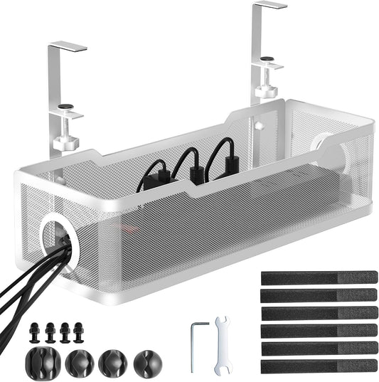 Under Desk Cable Management Tray White, Cinati Wire Organizers No Drill, Cable Tray with Clamp for Wire Management, Cord Organization Box for Office, Home - No Damage to Desk
