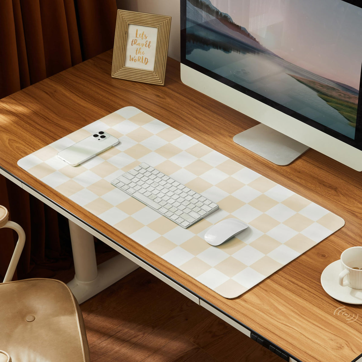 Ohocut Checkered Desk Mat, 31.5" x 15.7" Large Cute Beige Khaki Aesthetic Retro Accessories, PU Leather Computer Laptop Desk Mat Mouse Keyboard Pad, Desk Writing Makeup Mat for Vanity/Work/Home Decor
