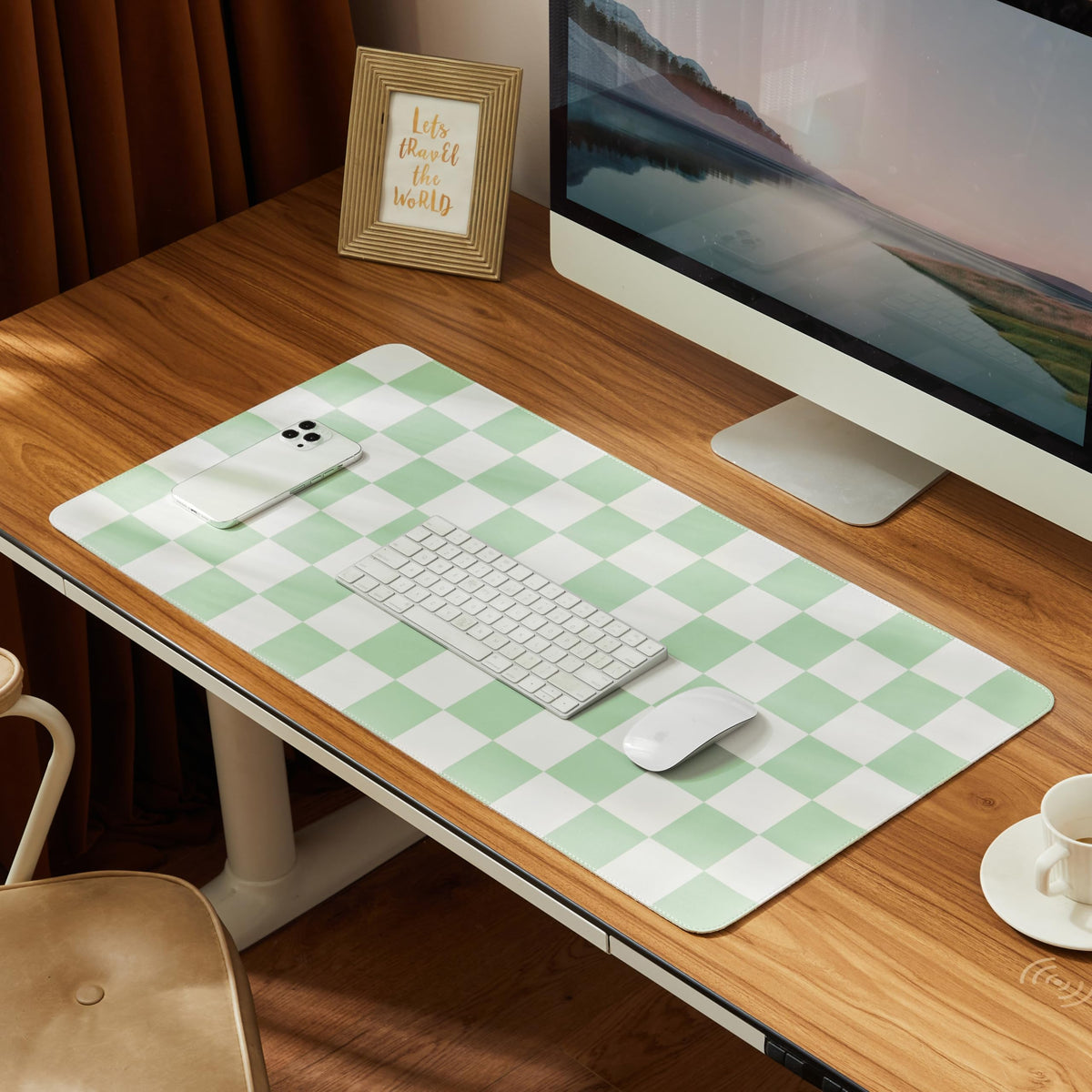 Ohocut Checkered Desk Mat, 31.5" x 15.7" Large Cute Beige Khaki Aesthetic Retro Accessories, PU Leather Computer Laptop Desk Mat Mouse Keyboard Pad, Desk Writing Makeup Mat for Vanity/Work/Home Decor