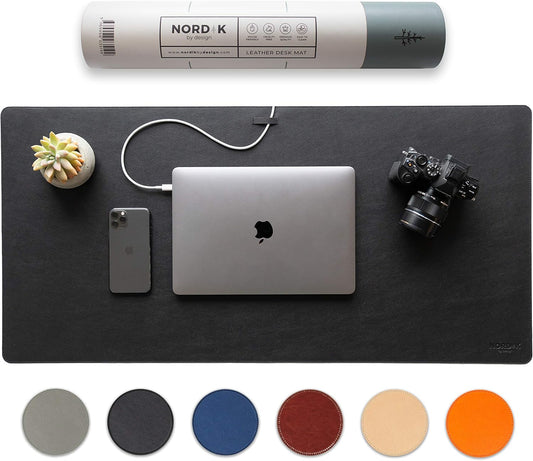 Nordik Leather Desk Mat - Pebble Black - Large Leather Desk Pad 35x17 in