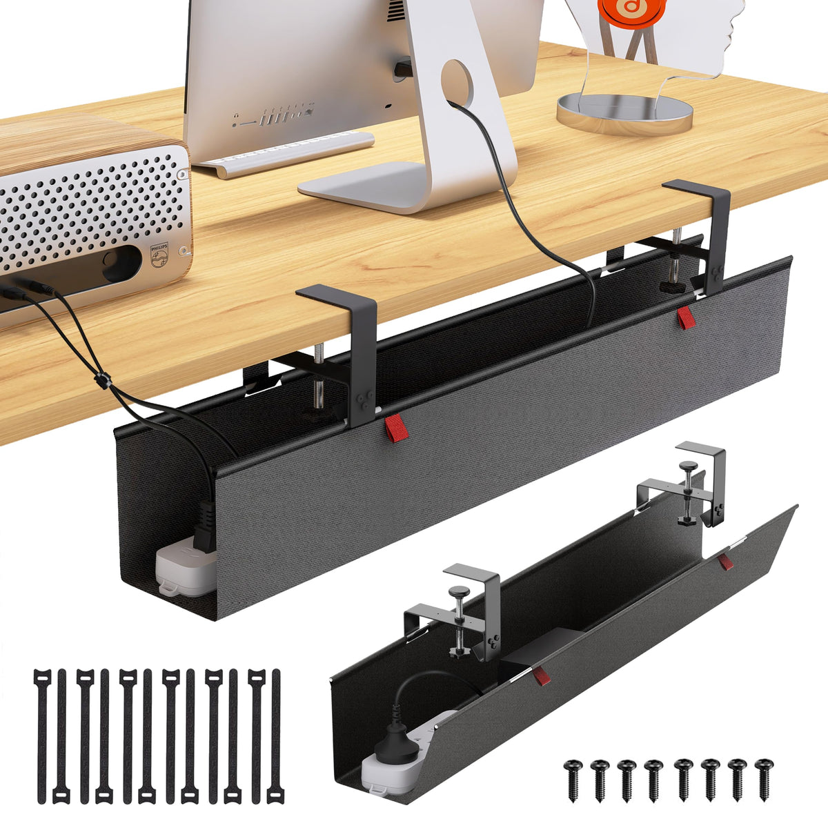 Under Desk Cable Management Tray - Under Desk Cord Management - Clamp/Screw Mount - Fabric Wire Management - Cable Raceways Tray Cord Hiders for Office/Home (Black, 35.8"×5.6")