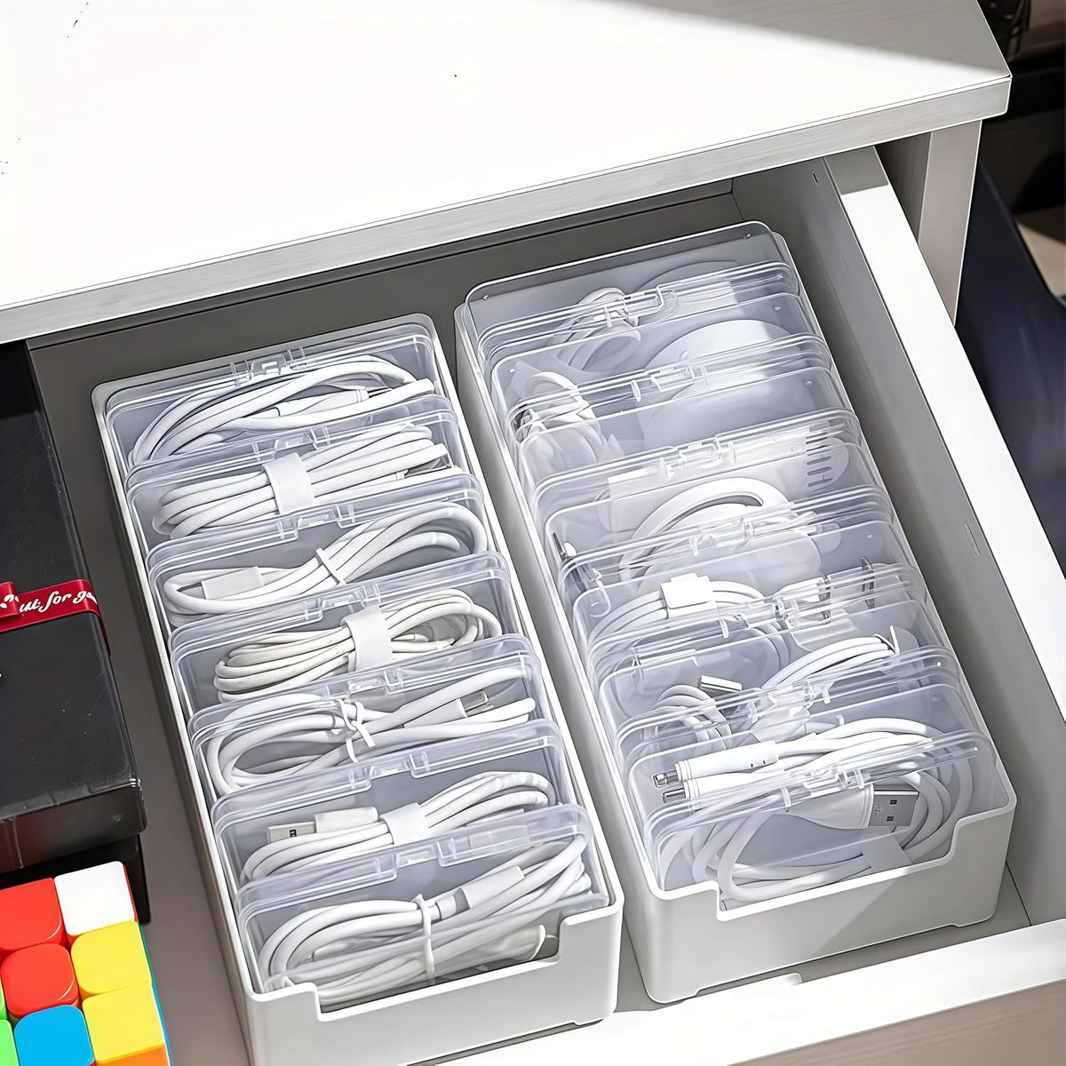 2 Pack 11 Grid Cable Organizer Box with Switch for Desktop Cord Storage