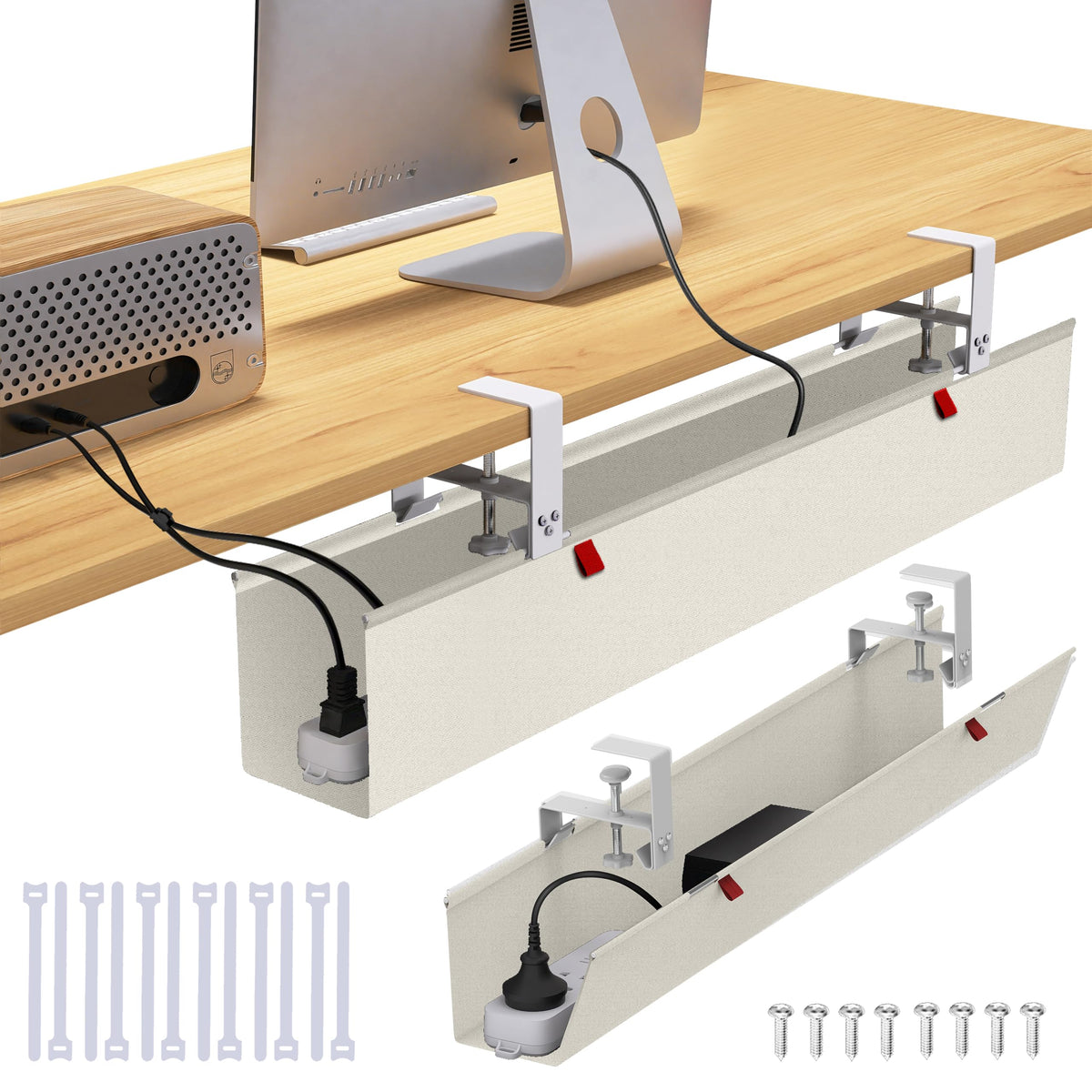 Under Desk Cable Management Tray - Under Desk Cord Management - Clamp/Screw Mount - Fabric Wire Management - Cable Raceways Tray Cord Hiders for Office/Home (Black, 35.8"×5.6")