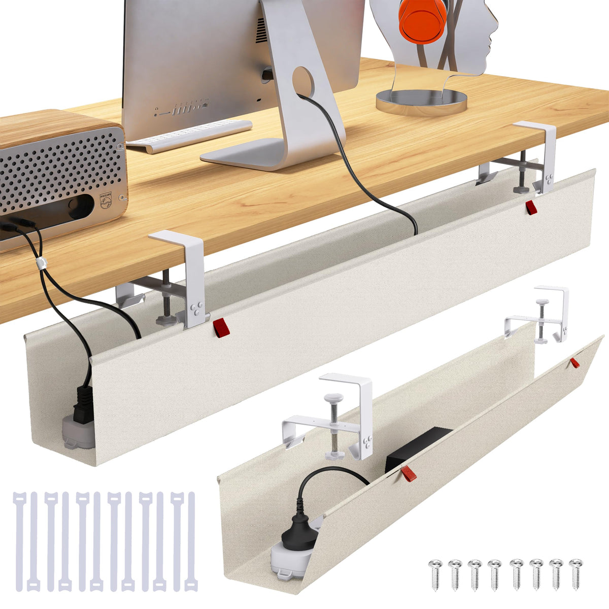 Under Desk Cable Management Tray - Under Desk Cord Management - Clamp/Screw Mount - Fabric Wire Management - Cable Raceways Tray Cord Hiders for Office/Home (Black, 35.8"×5.6")