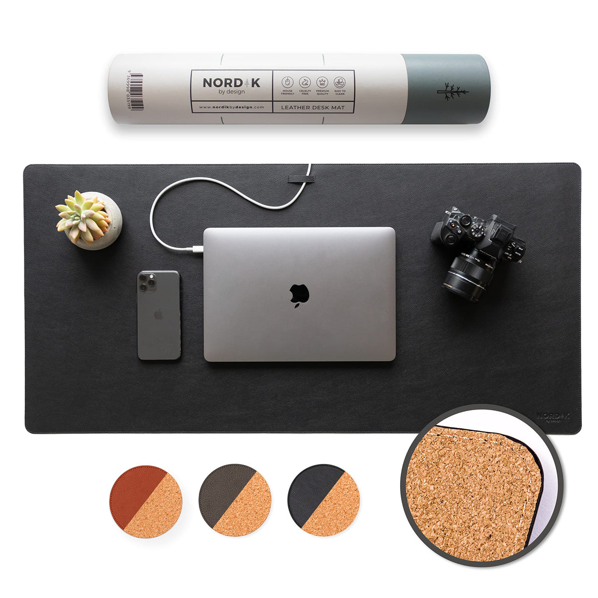 Nordik Leather Desk Mat - Pebble Black - Large Leather Desk Pad 35x17 in