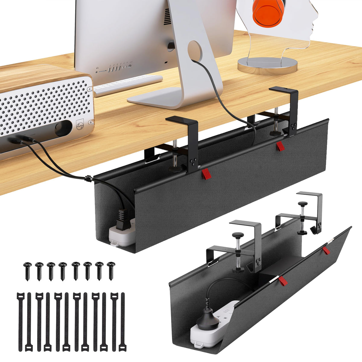 Under Desk Cable Management Tray - Under Desk Cord Management - Clamp/Screw Mount - Fabric Wire Management - Cable Raceways Tray Cord Hiders for Office/Home (Black, 35.8"×5.6")